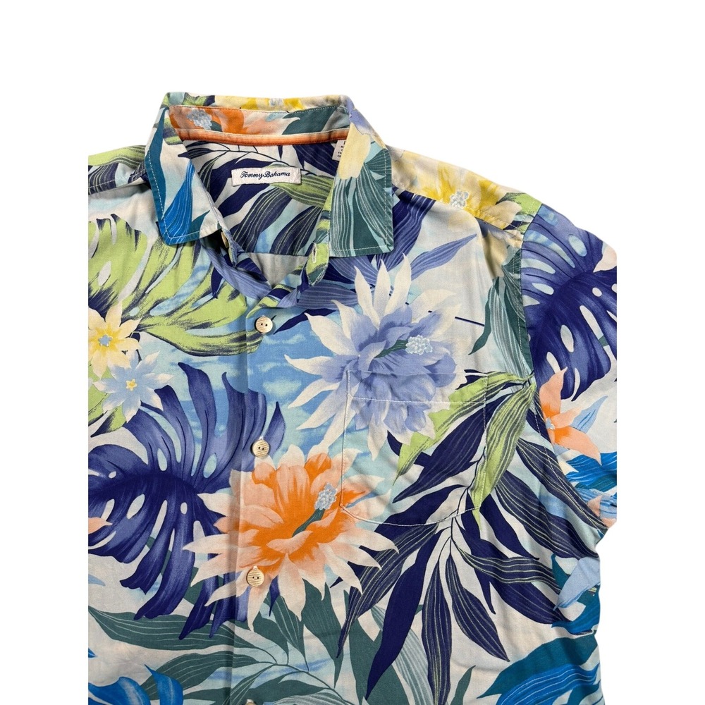 Tommy Bahama Mens Large Silk Tropical Floral Camp Shirt‎ Blue Short Sleeve
